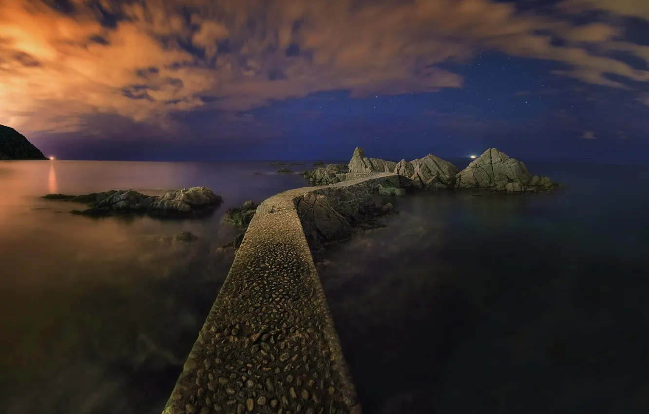 Photo wallpaper sea, landscape, night, rocks, the breakwater