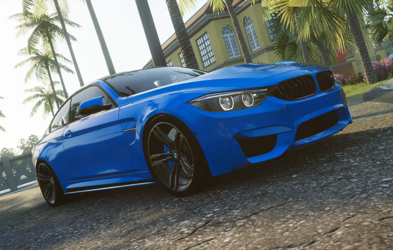 Photo wallpaper road, blue, house, palm trees, BMW, clear, The Crew, Wild Run