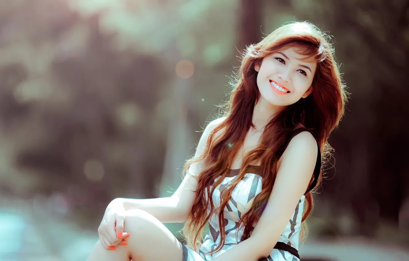 Photo wallpaper eyes, light, smile, background, dress, brunette, lips, Asian