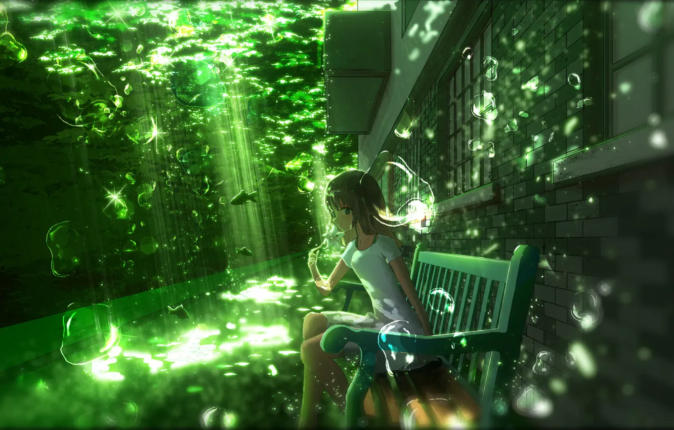 Photo wallpaper girl, bench, Lily, fish, under water, by Y_Y
