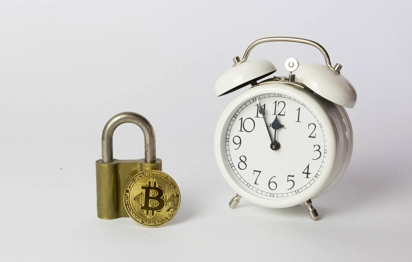 Photo wallpaper background, castle, watch, alarm clock, coin, Bitcoin, bitcoin