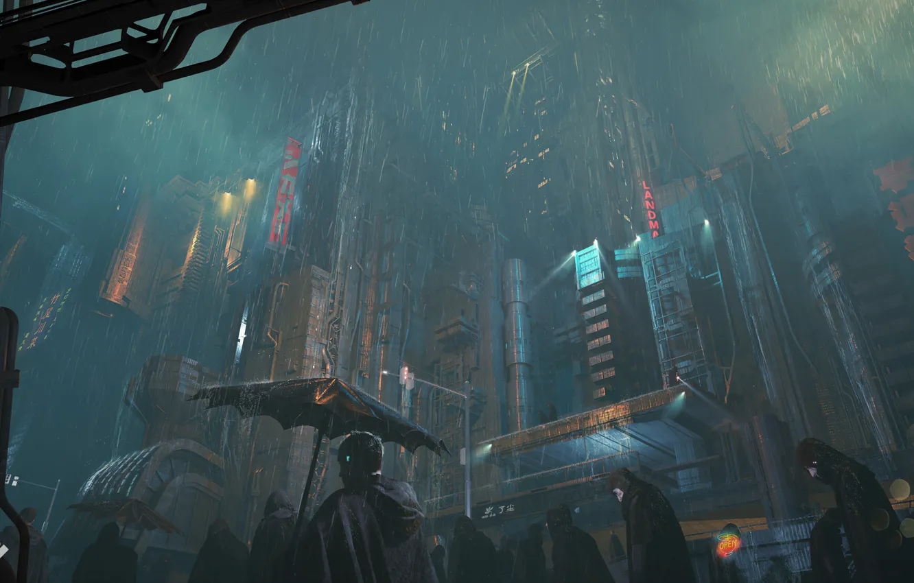 Photo wallpaper city, dark, fantasy, rain, umbrella, science fiction, people, sci-fi