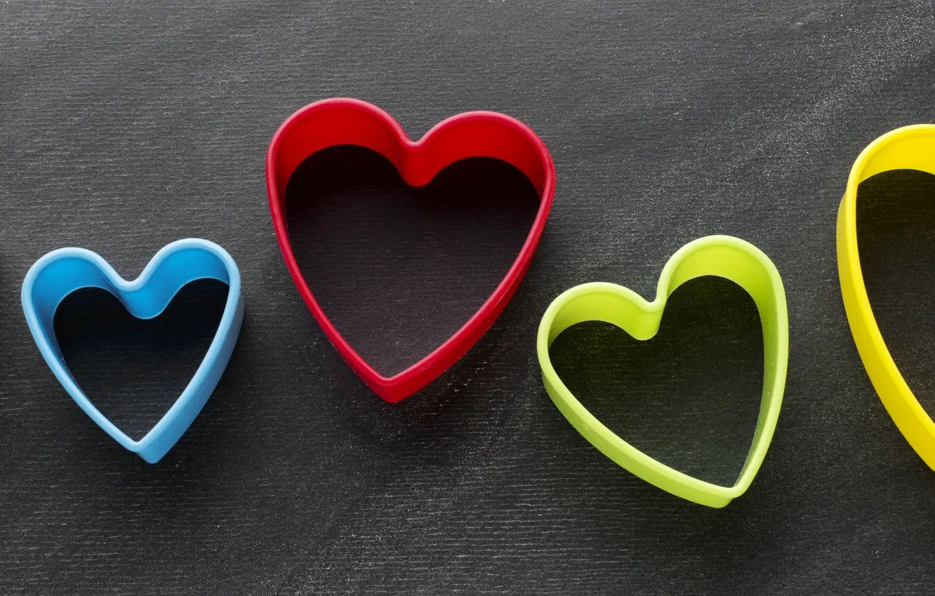 Photo wallpaper table, holiday, heart, hearts, black background, colorful, Valentine's day, Valentine's day