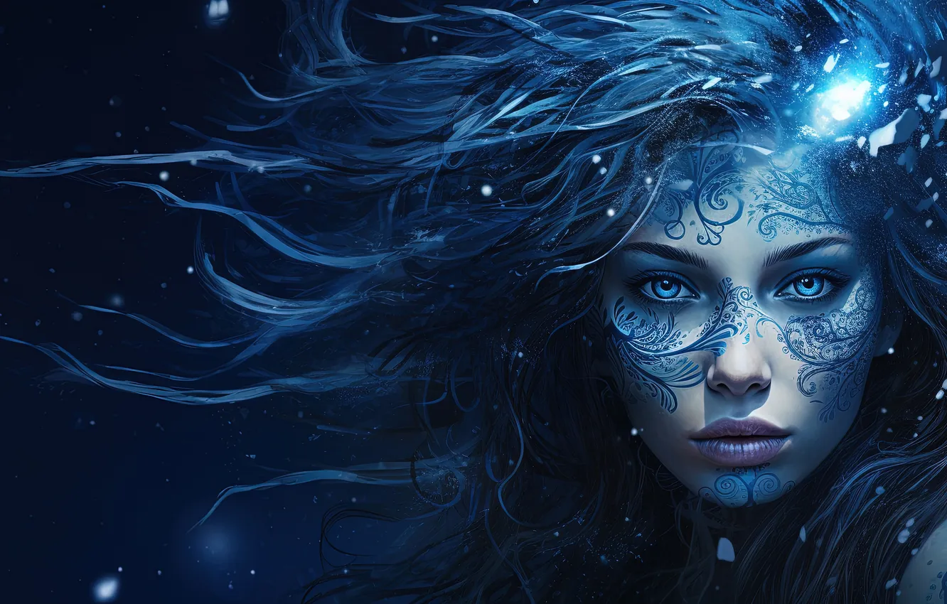 Photo wallpaper look, girl, night, face, pose, style, the dark background, pattern