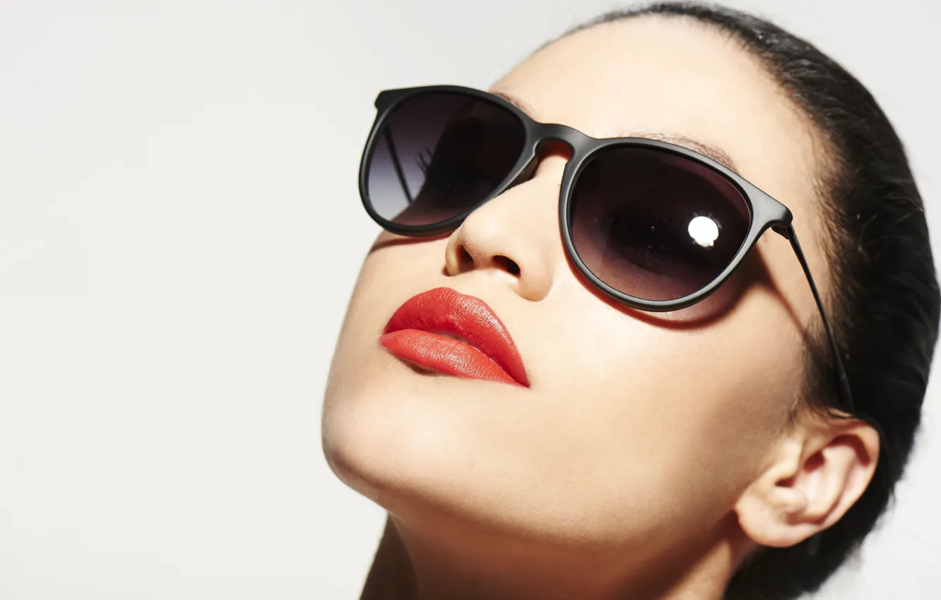 Photo wallpaper girl, red, face, glasses, lips, red, girl, beautiful