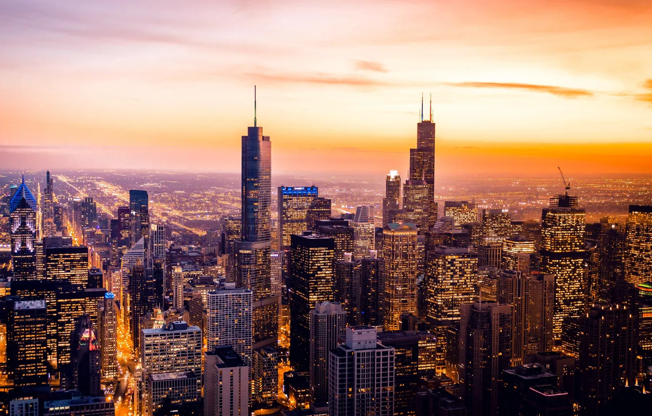 Photo wallpaper the sky, skyscrapers, skyscraper, aerial view, Golden Sunset, Bird's-eye view, Modern City, Golden Sunset