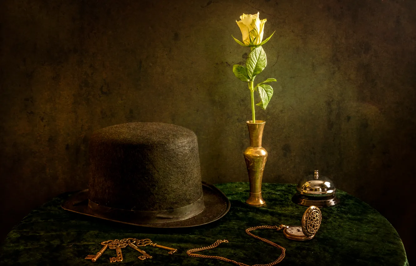 Photo wallpaper flower, watch, hat, still life, keys, call