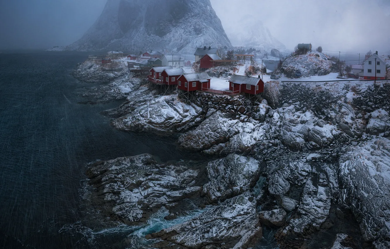 Photo wallpaper winter, snow, rocks, Norway, settlement