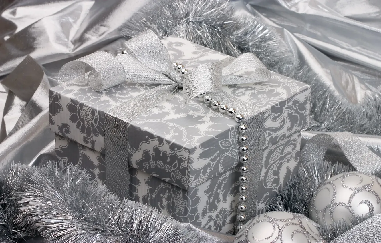 Photo wallpaper holiday, gift, balls, black and white, toys, silver, new year, silver