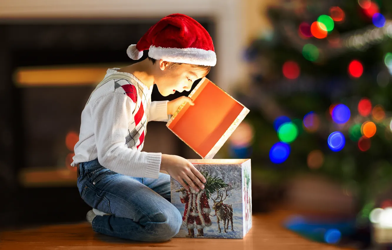 Photo wallpaper lights, holiday, box, gift, new year, boy, tree, child