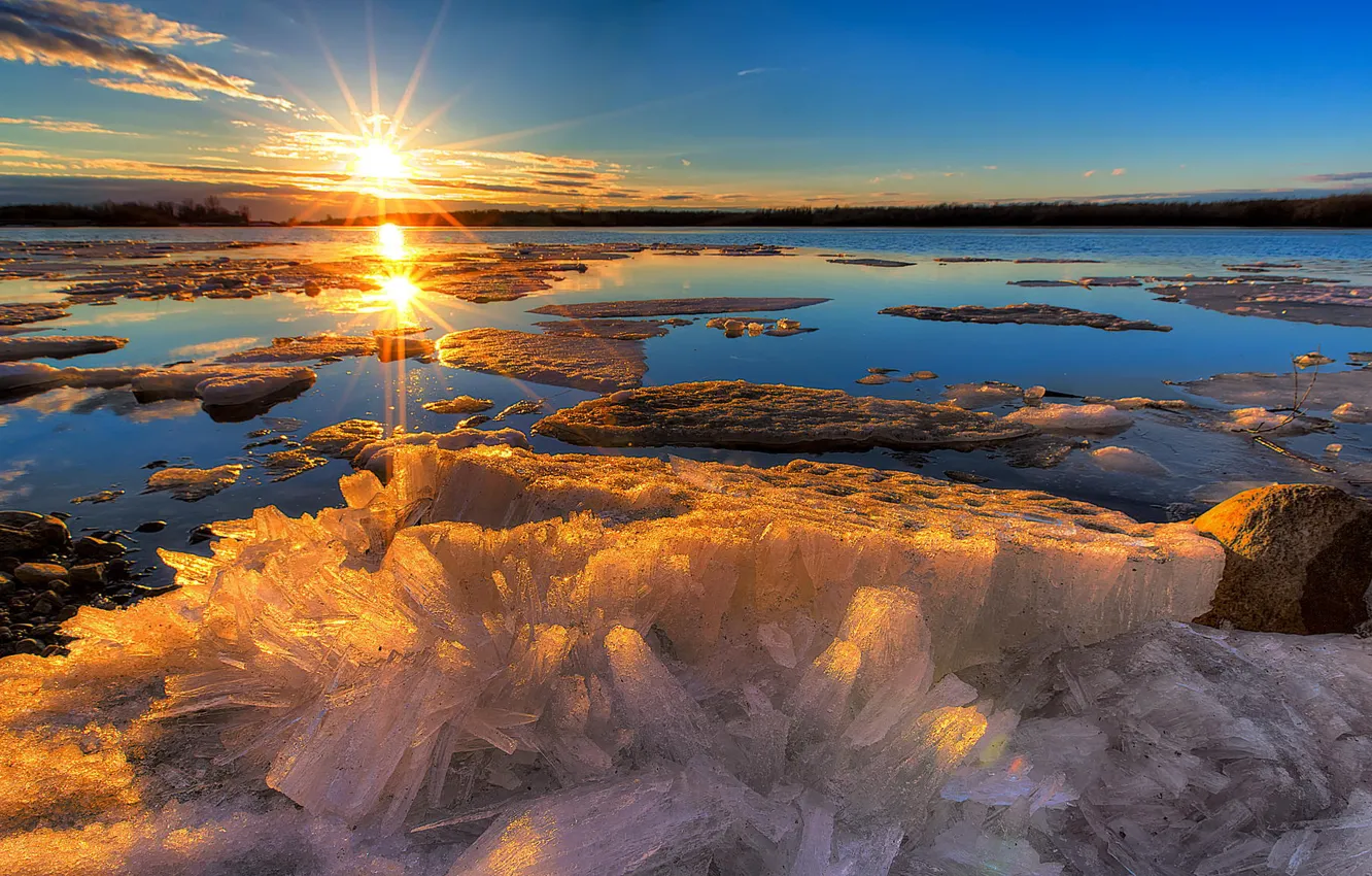 Photo wallpaper ice, winter, nature, lake, dawn