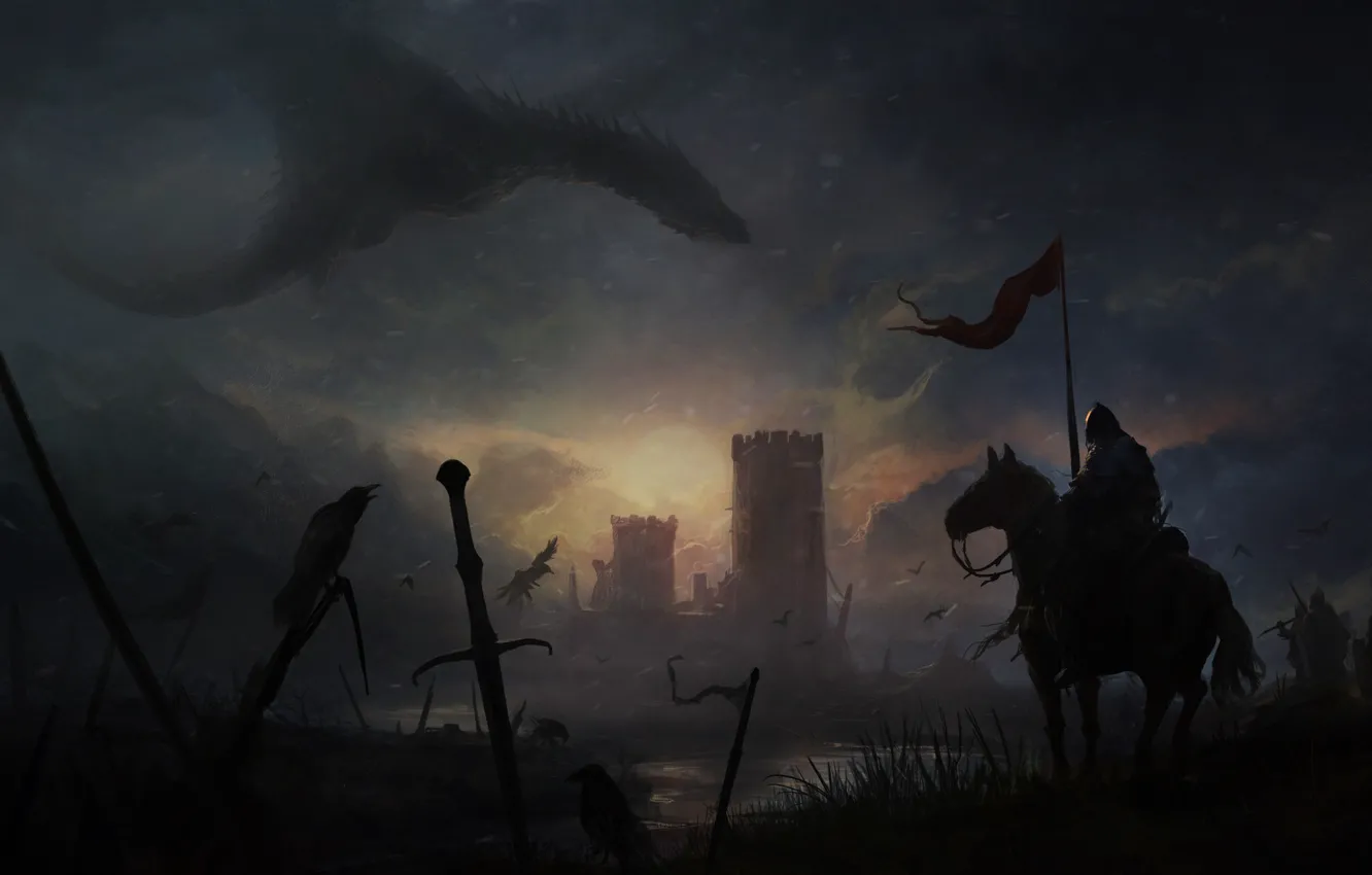 Photo wallpaper the sun, sunset, castle, fiction, dragon, horse, monster, warrior