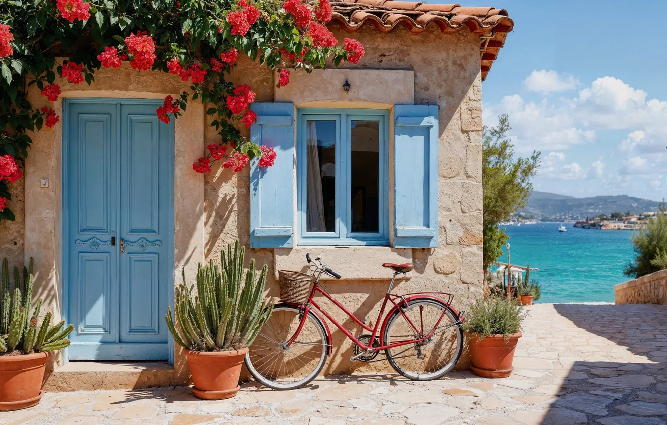 Photo wallpaper sea, the sun, home, summer, house, sunshine, vacation, flowering