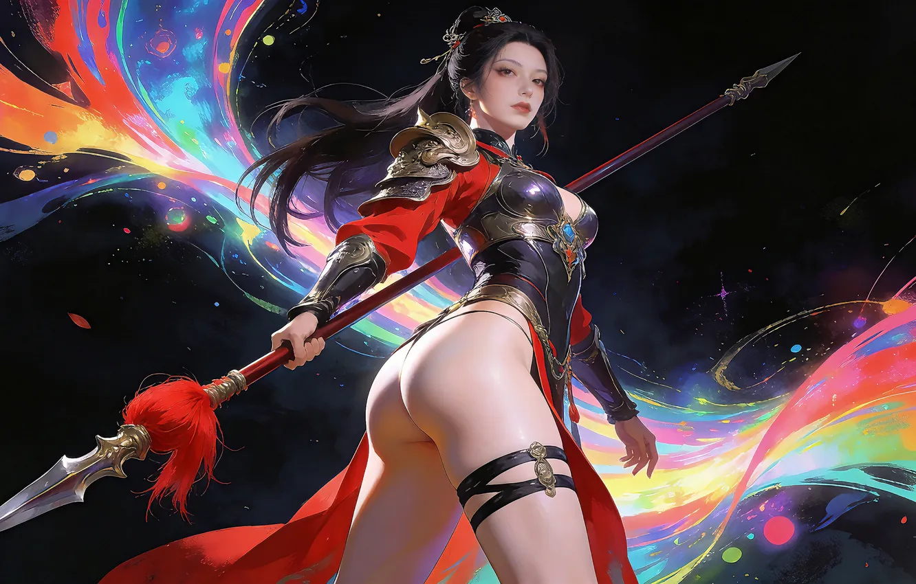 Photo wallpaper girl, weapon, brunette, asian, spear, ai art