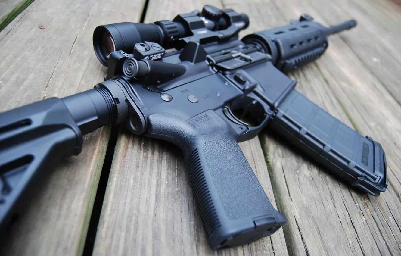 Photo wallpaper wood, telescopic sight, AR-15 rifle assault