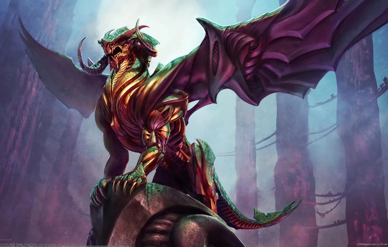 Photo wallpaper rocks, dragon, monster, art, lizard, columns, horns, Steve Argyle