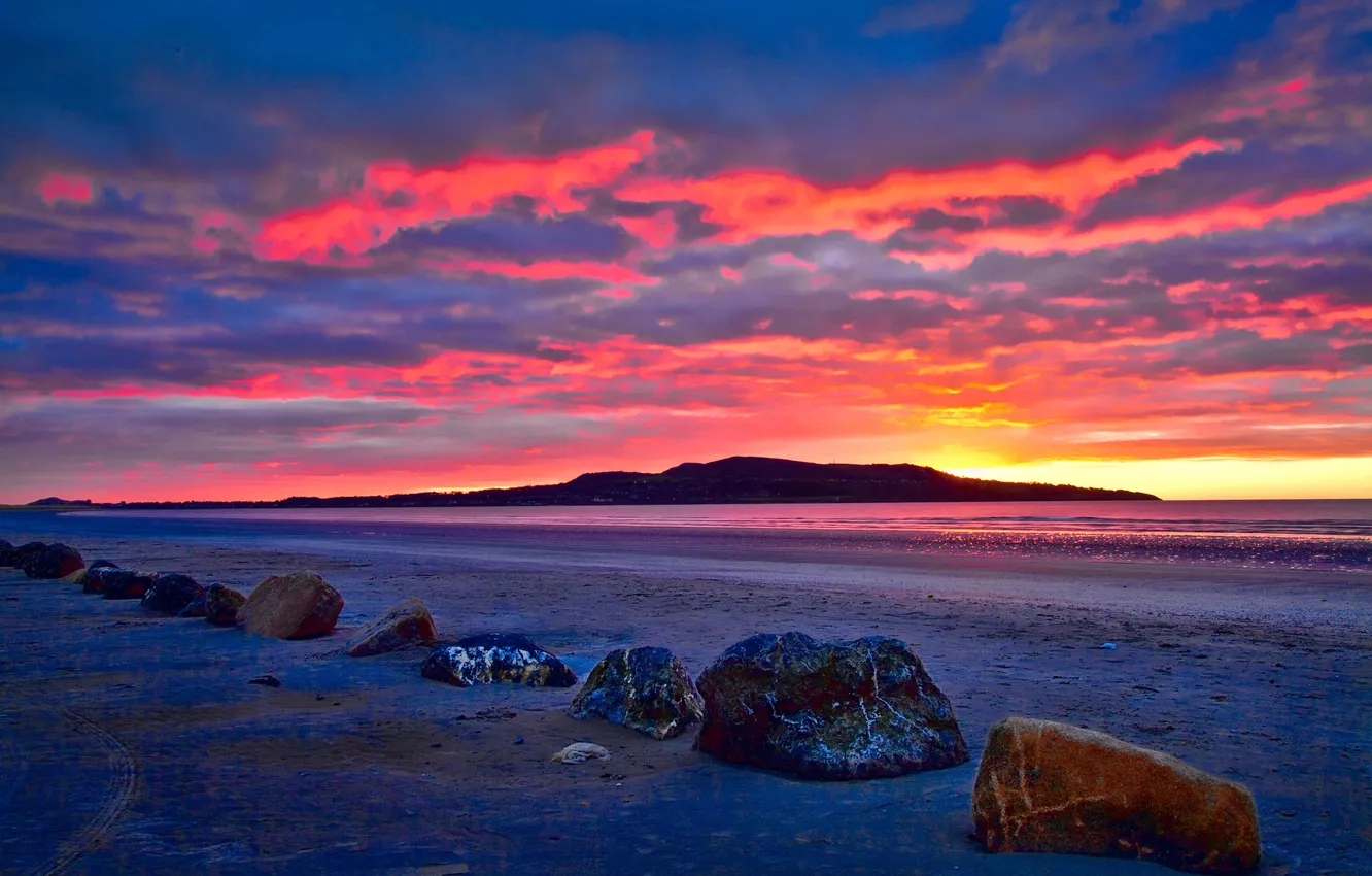 Photo wallpaper beach, stones, dawn, Bay, Iceland