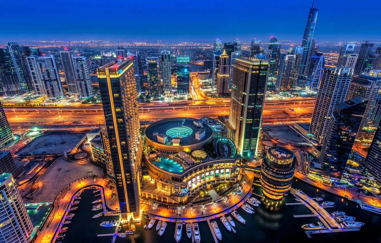 Photo wallpaper the sky, night, lights, boat, home, Bay, skyscrapers, yacht