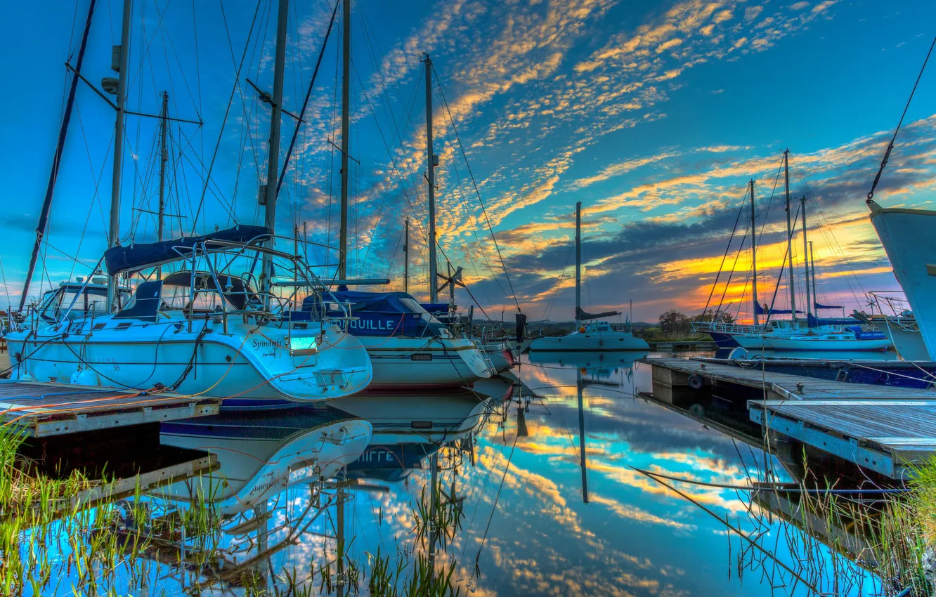 Photo wallpaper the sky, water, clouds, boat, Bay, yacht, glow, harbour