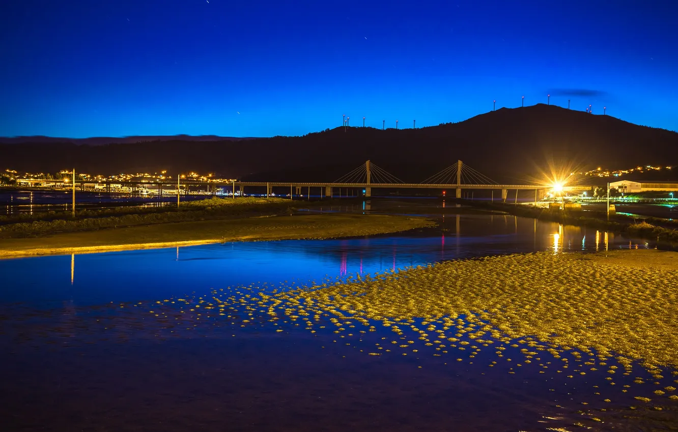 Photo wallpaper the sky, mountains, night, bridge, the city, lights, river