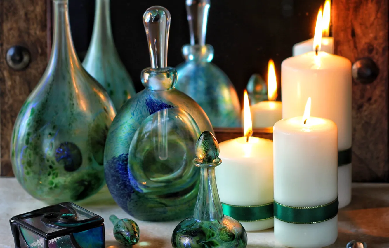 Photo wallpaper glass, candles, bottle