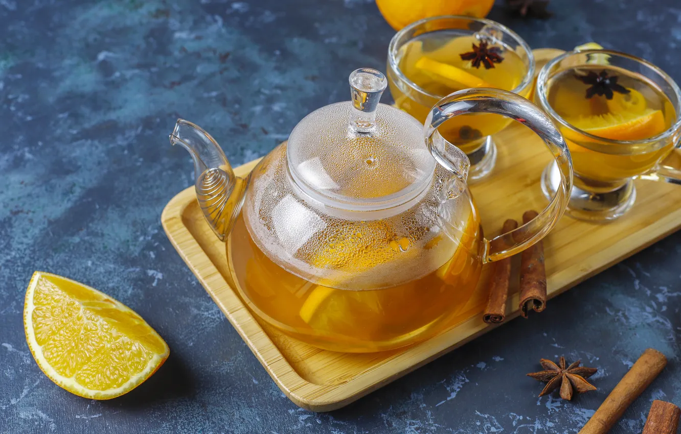Photo wallpaper tea, orange, kettle, the tea party, Cup