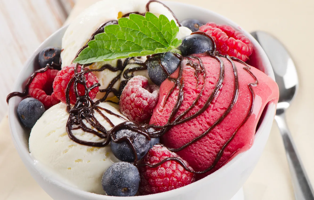 Photo wallpaper berries, blueberries, ice cream, dessert