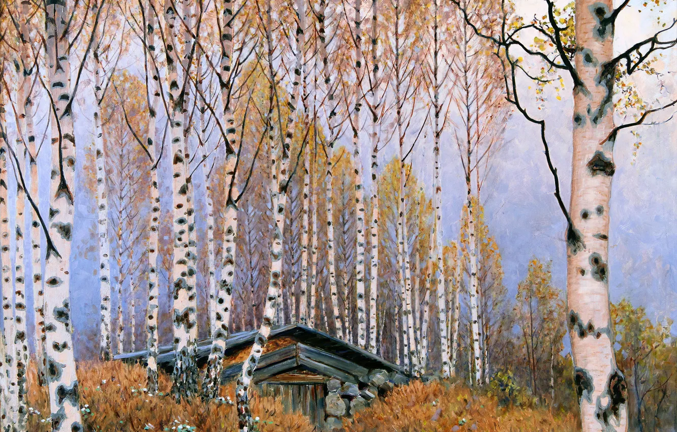 Photo wallpaper trees, home, picture, birch, Gustaf Fjaestad, Swedish artist, Gustav Fjestad, Spring birches