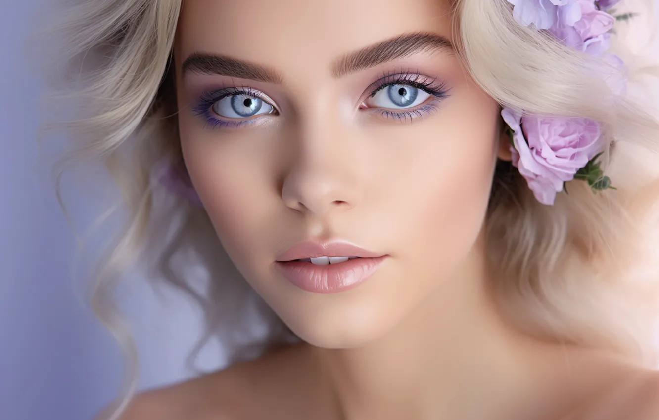 Photo wallpaper girl, flowers, portrait, blonde, AI art, neural network