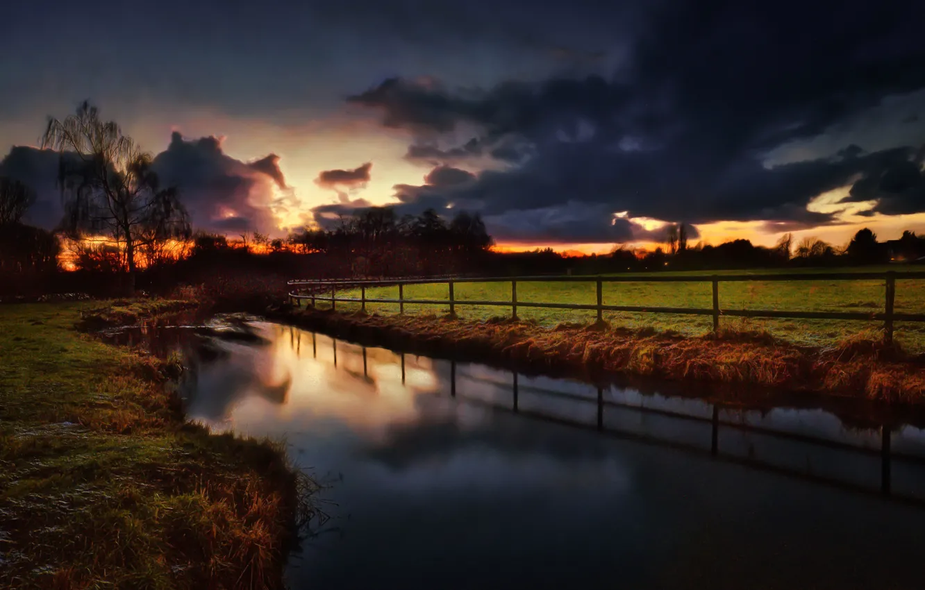 Photo wallpaper field, clouds, nature, the fence, channel, glow