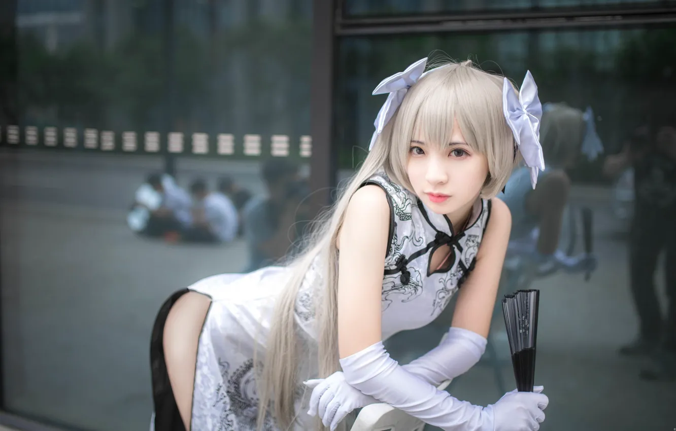 Photo wallpaper look, pose, fan, stained glass, gloves, Asian, look, asian