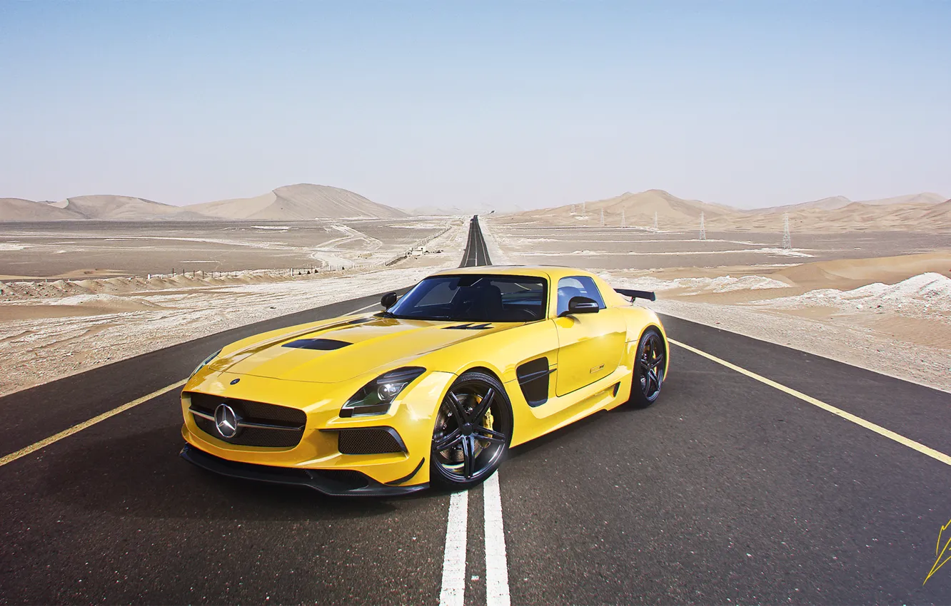 Photo wallpaper Mercedes-Benz, Sky, AMG, SLS, Yellow, Road, Supercar, Black Edition