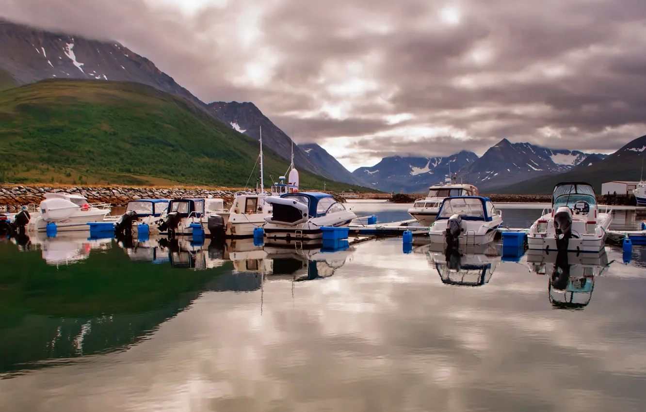 Photo wallpaper sea, mountains, Norway, boat