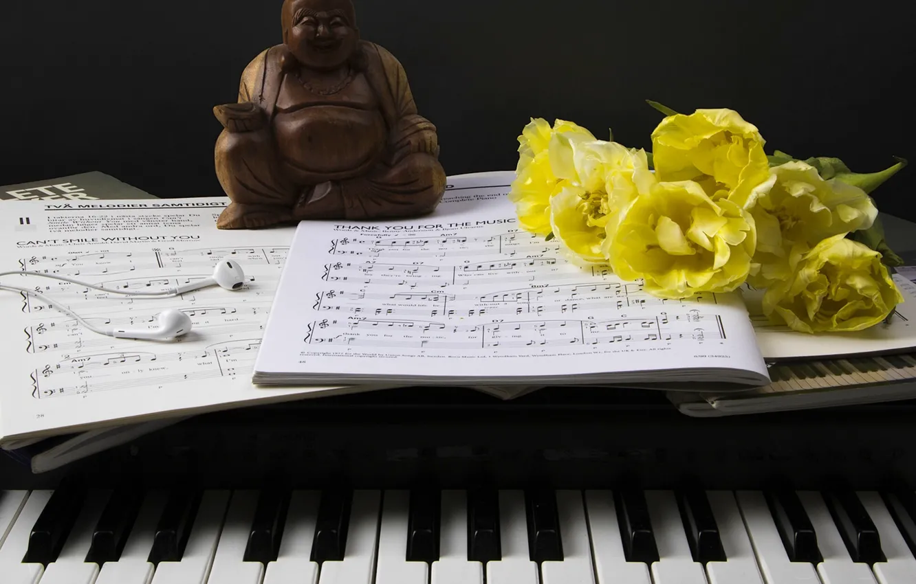 Photo wallpaper flowers, style, notes, headphones, keys, tulips, figurine, piano