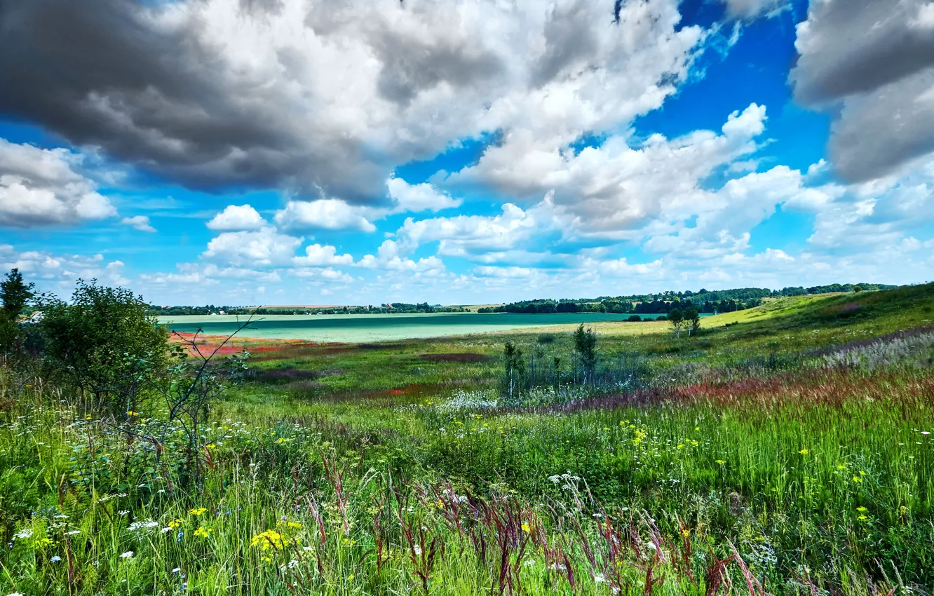 Photo wallpaper clouds, landscape, nature, field, grass, meadows