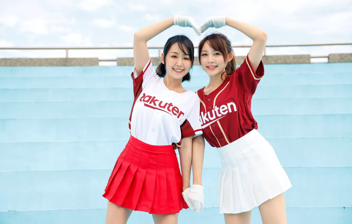 Photo wallpaper smile, skirt, hearts, Asian, two girls, gesture, friend, posing