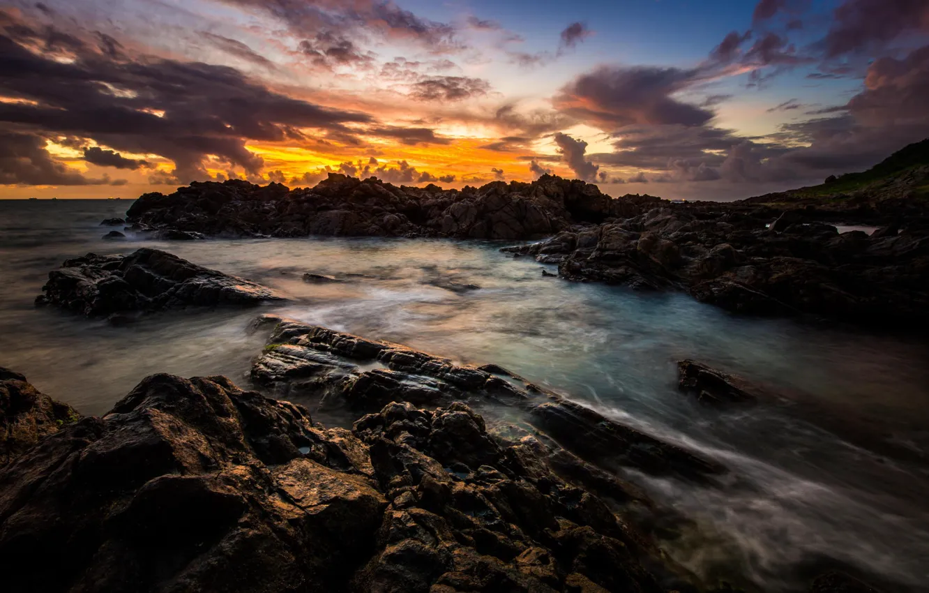 Photo wallpaper sea, rocks, dawn, shore