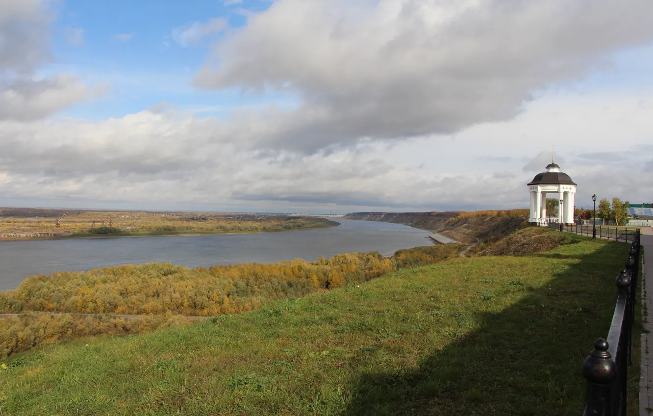 Photo wallpaper autumn, river, shore, rotunda, Irtysh, Tobolsk