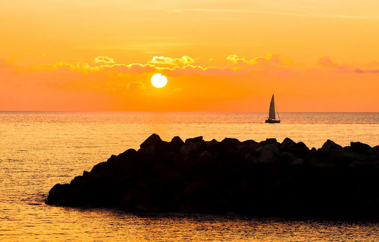 Photo wallpaper rock, sky, sea, sunset, clouds, mood, boat, sail