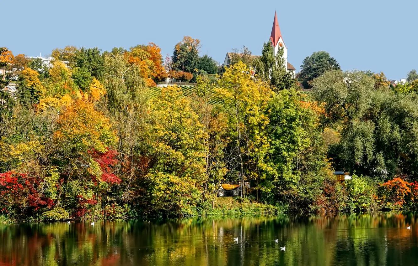 Photo wallpaper autumn, trees, birds, river, tower, Switzerland