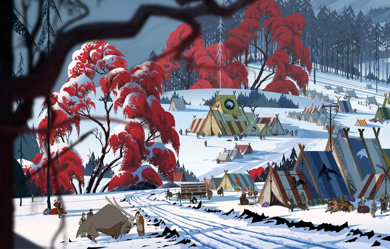 Photo wallpaper winter, people, tepees