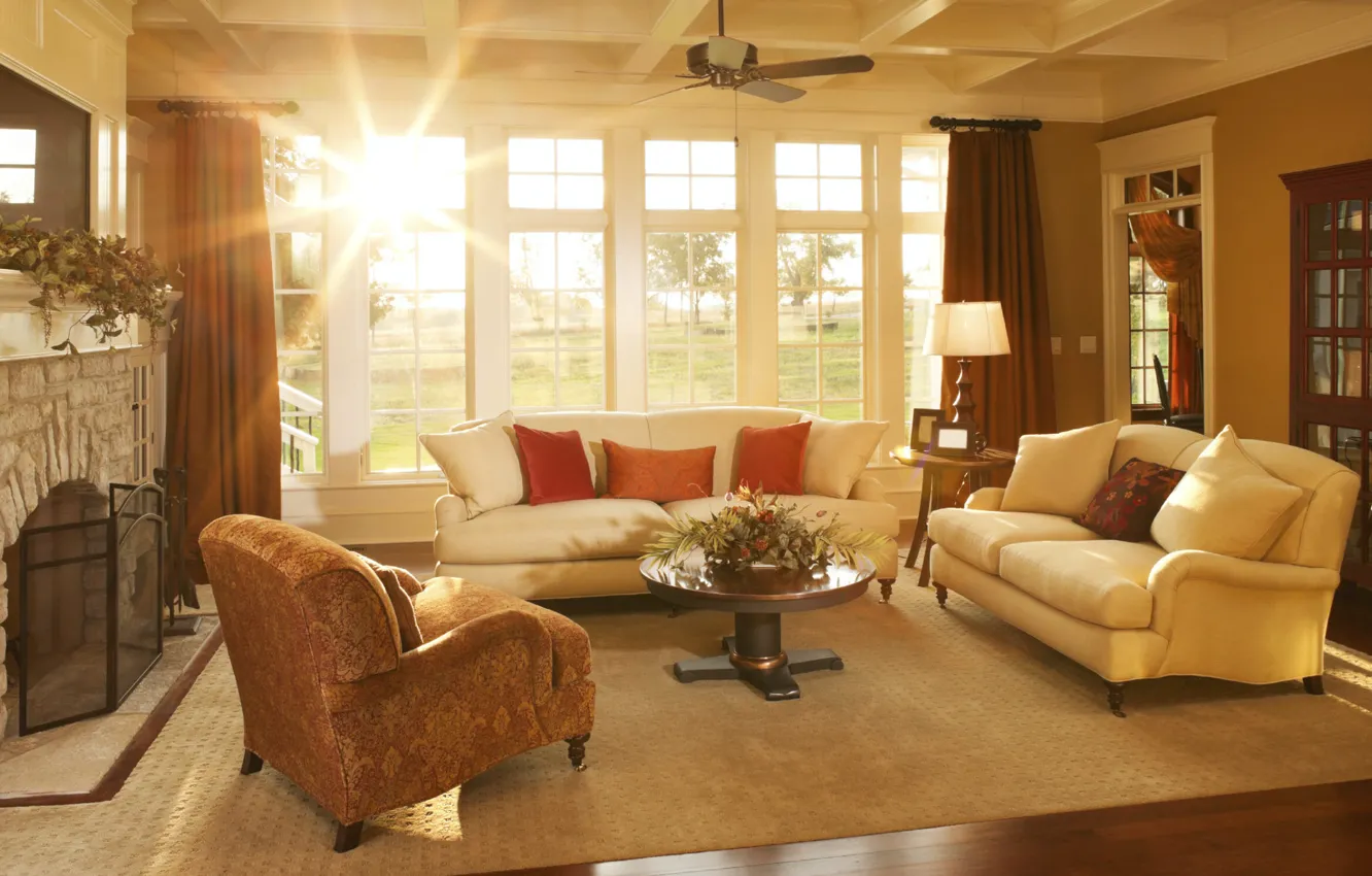 Photo wallpaper interior, fireplace, warm colors, inviting, brightly lit, warm elegant sunlight liviing room, warm elegant sunny …
