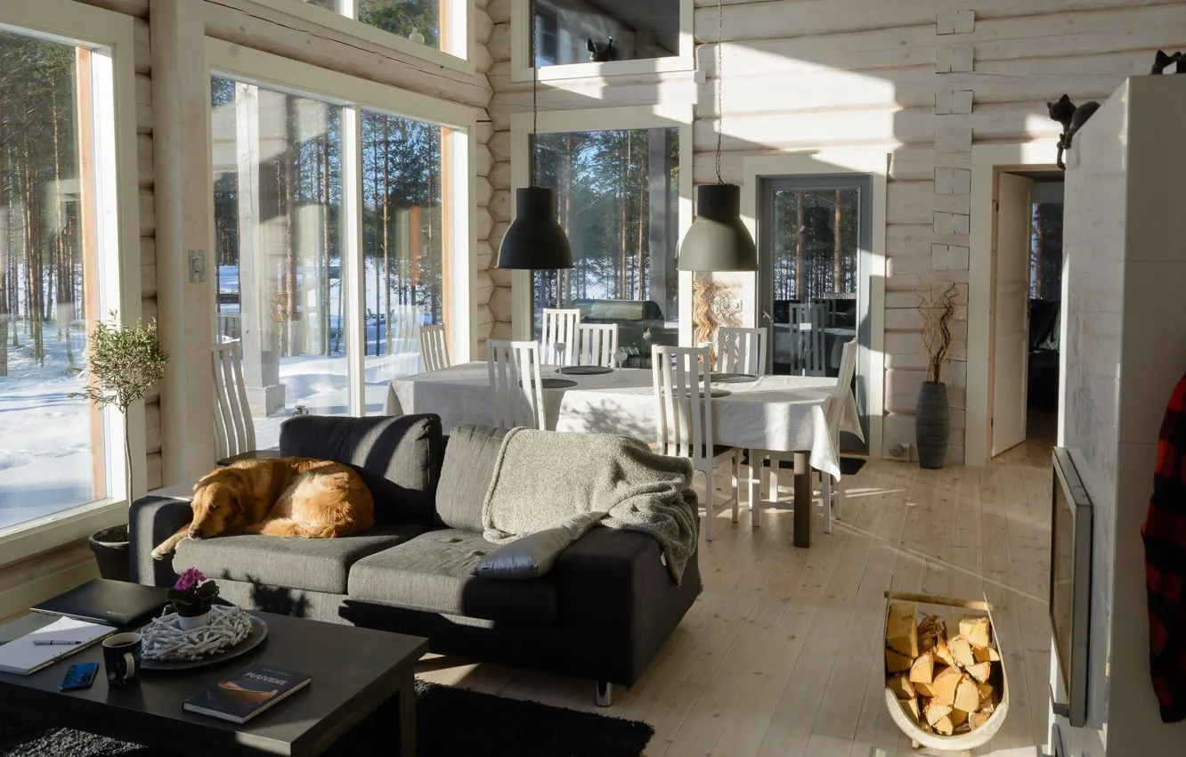 Photo wallpaper interior, fireplace, living room, dining room, country house