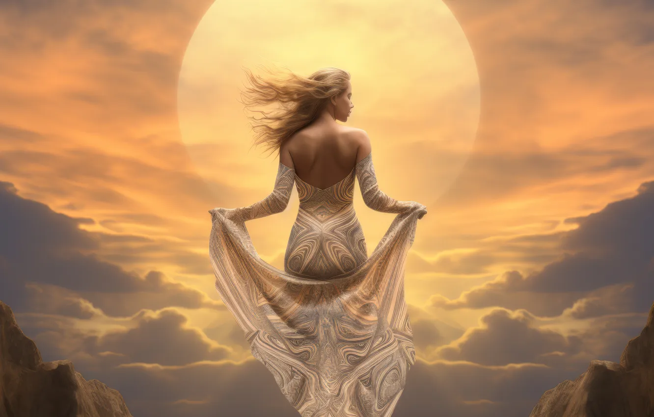 Photo wallpaper the sun, clouds, mountains, back, digital art, AI art, The Art of Artificial Intelligence, The …