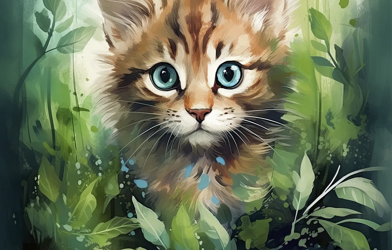 Photo wallpaper cat, look, leaves, nature, kitty, portrait, watercolor, painting