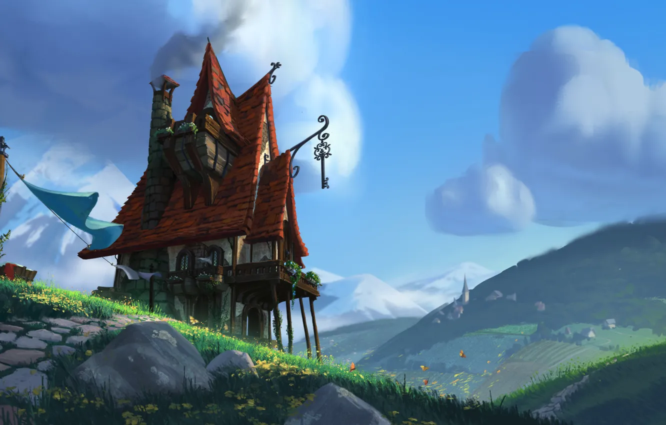 Photo wallpaper road, mountains, anime, art, house