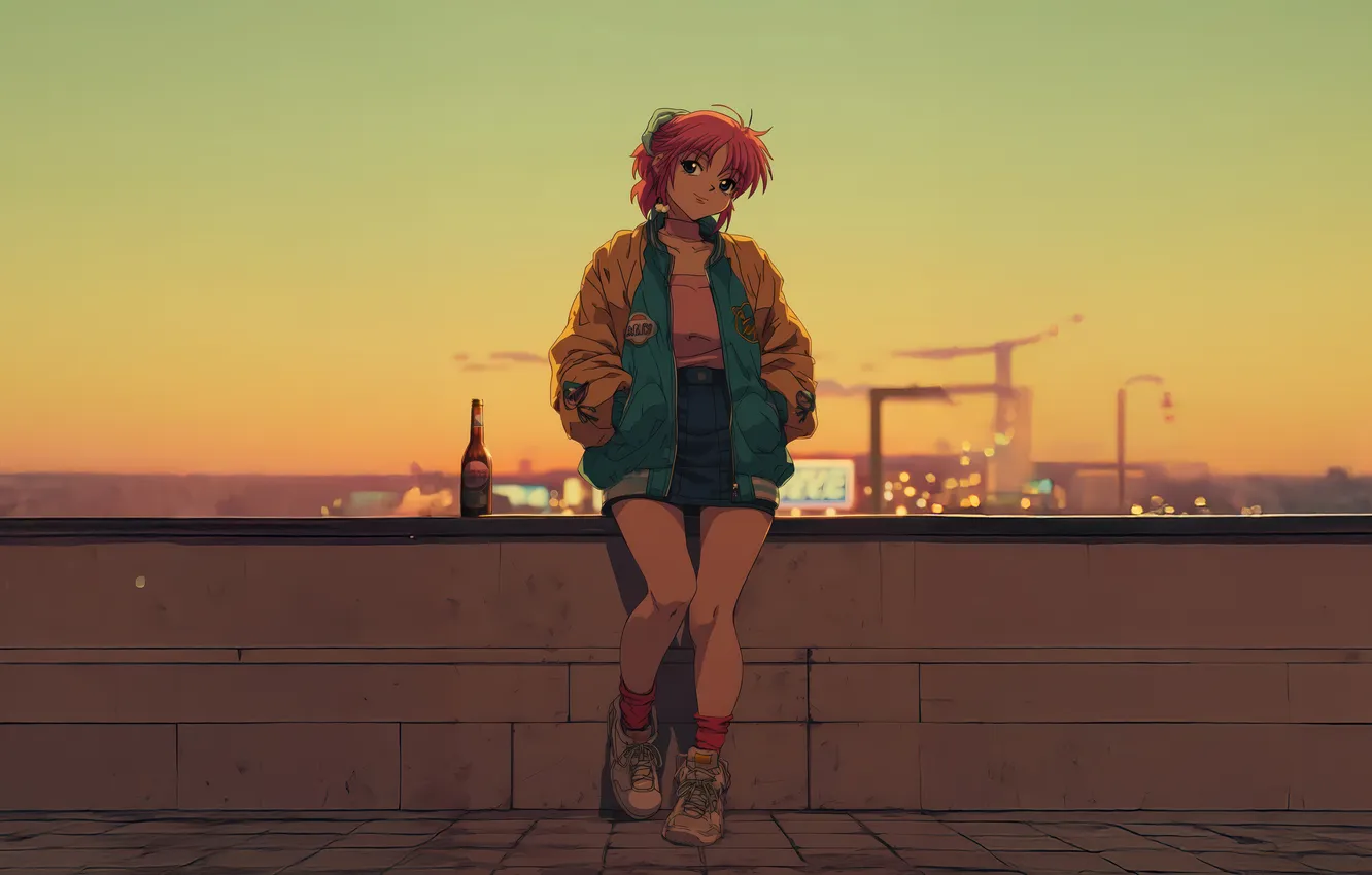 Photo wallpaper girl, sunset, anime, urban, rooftop, vibes