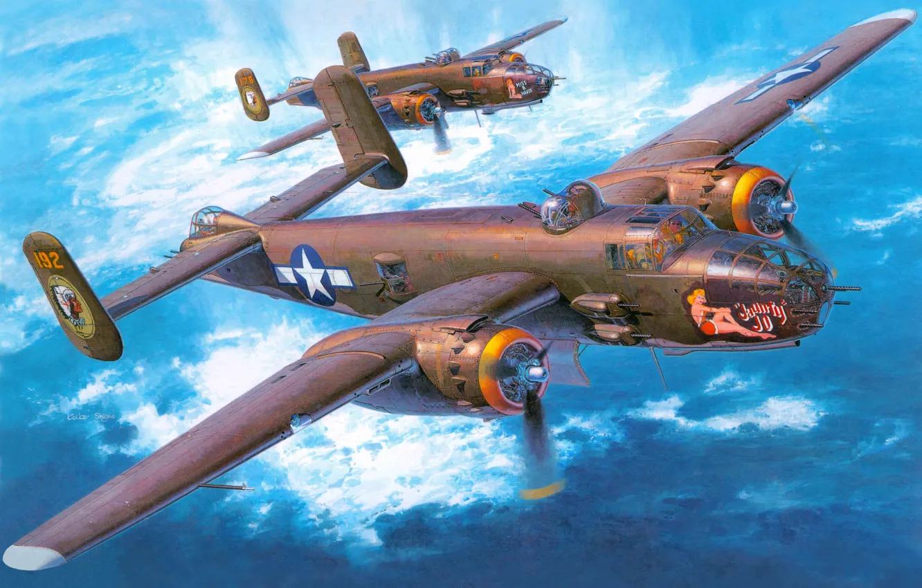 Photo wallpaper the plane, art, bomber, action, North American, twin-engine, average, WW2.