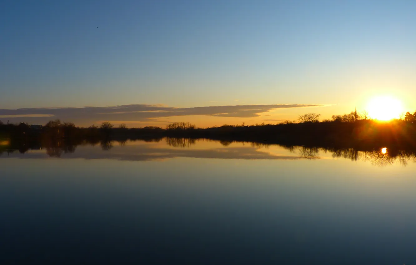 Photo wallpaper the sun, clouds, trees, reflection, river