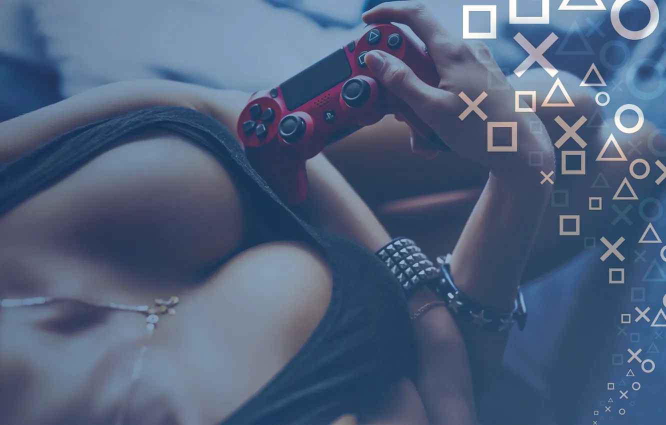 Photo wallpaper chest, girl, game, Tits, gamepad, gamepad, dualshock, playstation